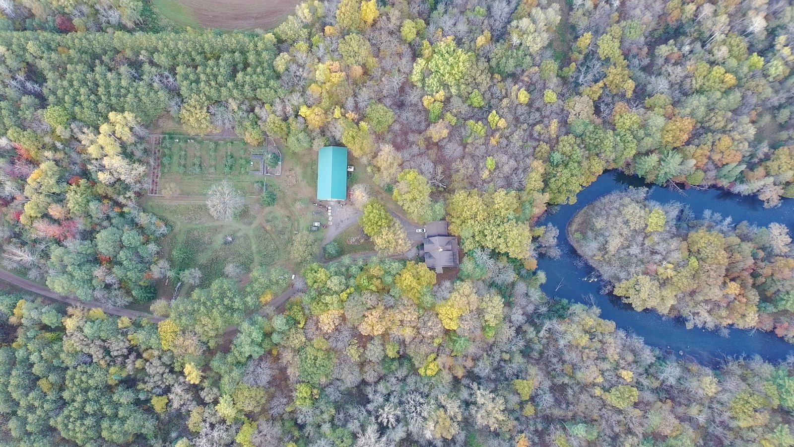 A riverside home and garden surrounded by autumn trees